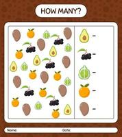 How many counting game with fruit. worksheet for preschool kids, kids activity sheet, printable worksheet vector