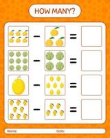 How many counting game with fruit. worksheet for preschool kids, kids activity sheet, printable worksheet vector