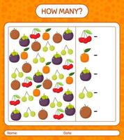 How many counting game with fruit. worksheet for preschool kids, kids activity sheet, printable worksheet vector