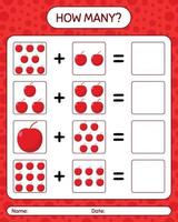 How many counting game with apple. worksheet for preschool kids, kids activity sheet, printable worksheet vector