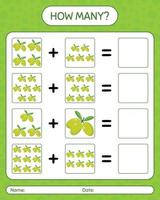 How many counting game with olive. worksheet for preschool kids, kids activity sheet, printable worksheet vector