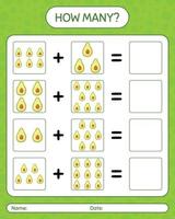 How many counting game with avocado. worksheet for preschool kids, kids activity sheet, printable worksheet vector