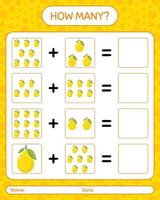 How many counting game with lemon. worksheet for preschool kids, kids activity sheet, printable worksheet vector