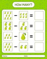 How many counting game pear. worksheet for preschool kids, kids activity sheet, printable worksheet vector