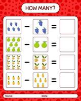 How many counting game with fruit. worksheet for preschool kids, kids activity sheet, printable worksheet vector