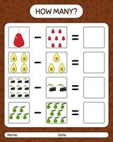 How many counting game with fruit. worksheet for preschool kids, kids activity sheet, printable worksheet vector