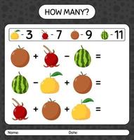 How many counting game with fruit. worksheet for preschool kids, kids activity sheet, printable worksheet vector