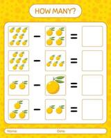 How many counting game yuzu. worksheet for preschool kids, kids activity sheet, printable worksheet vector