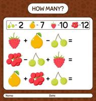 How many counting game with fruit. worksheet for preschool kids, kids activity sheet, printable worksheet vector