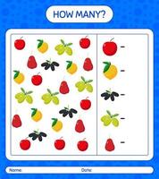 How many counting game with fruit. worksheet for preschool kids, kids activity sheet, printable worksheet vector