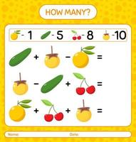 How many counting game with fruit. worksheet for preschool kids, kids activity sheet, printable worksheet vector