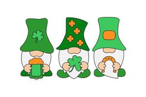 St Patricks Day Gnomes vector illustration. Three green gnomes on white background