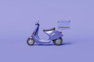 scooter de entrega con caja de comida sobre fondo azul foto