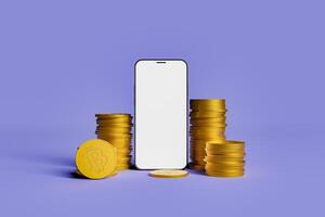 mobile phone display with stacks of bitcoins photo