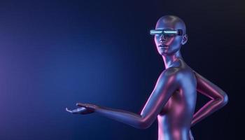 futuristic girl with luminous glasses pointing to an empty space photo