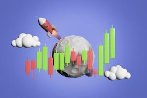 rising candlestick chart with a rocket flying over the moon photo