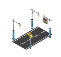 The road streetlight traffic signs set with lanterns and urban lighting, crossroad intersection road street of downtown in the town of the city. Isometric cityscape vector modern urban game background