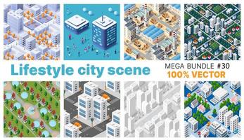 la escena del estilo de vida de la ciudad establece ilustraciones en 3d sobre temas urbanos con casas vector