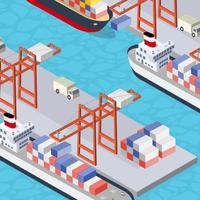 Isometric City industrial port with transport boat and naval ships vector