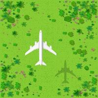 Top view of a flying plane and a green forest with trees vector