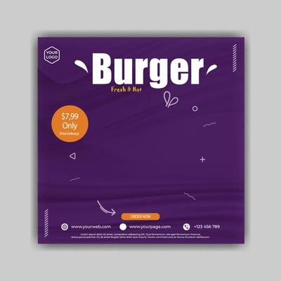 Social media post template for fastfood promotion. Delicious healthy and testy food promotion web banner. Restaurant burger and food promotion banner.