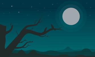 ilustración de una escena nocturna de luna repleta de estrellas y un par de pájaros en un árbol