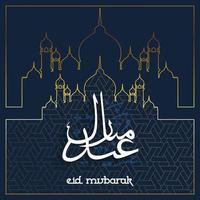 diseño de fondo de tarjeta eid con ilustración de mezquita delineada y caligrafía árabe significa festival bendito vector