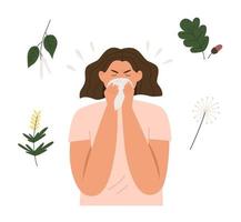 Woman sneezes from plant allergy