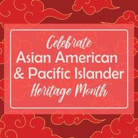 Asian American, Pacific Islander Heritage month - celebration in USA. Vector illustration with text traditional oriental red swirled clouds with golden outline. Banner, invitation, flyer template.