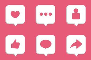 conjunto de burbujas 3d realistas con medios sociales e íconos de notificación de marketing digital. seguir, comentar, dar me gusta, compartir, pulgares, ícono de amor en diálogo, chat, colección de burbujas de discurso para redes sociales. vector