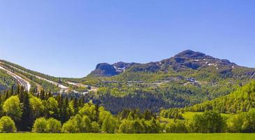 Beautiful valley panorama Norway Hemsedal Skicenter with snowed in Mountains. photo