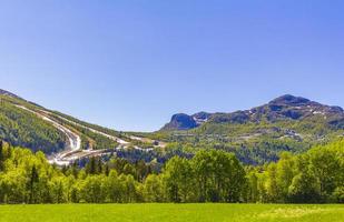 Beautiful valley panorama Norway Hemsedal Skicenter with snowed in Mountains. photo