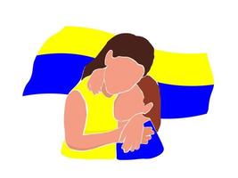 A Ukrainian woman and a child embrace against the background of a blue-yellow flag. The concept of aggression, hope, war. Vector graphics.