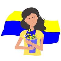 A Ukrainian woman with a bouquet of flowers in her hands on the background of a blue-yellow flag. The concept of aggression, hope, war, peace. Vector graphics.