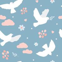 Seamless pattern with a bird of the world pigeon in flight with an olive branch. Sky, heart, clouds. Vector graphics.