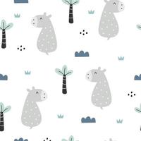 vivero de patrones sin fisuras hipopótamo y árbol dibujos animados animales fondo uso para impresiones, papel tapiz, textiles, ilustración vectorial vector