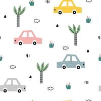 vivero de patrones sin fisuras coche y árbol sobre un fondo blanco vector