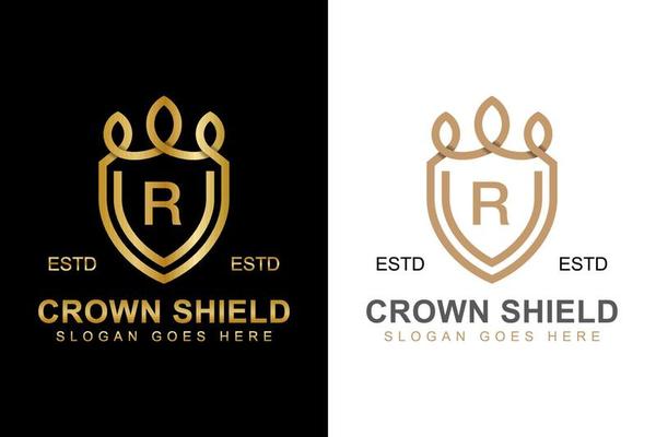 elegant line art crown and shield logo with initial letter R logo design two versions