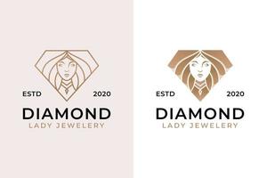 diamond jewelry with beauty woman logo. luxury beautiful diamond and line art style vector