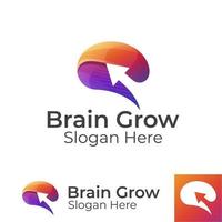 modern color brain grow with arrow logo, upgrade brain, smart people logo design vector