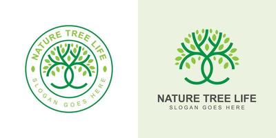 Nature tree life line art style with badge logo design vector