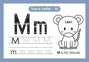 Alphabet Trace Letter A to Z preschool worksheet with Letter M Mouse vector
