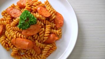 spiral or spirali pasta with tomato sauce and sausage - Italian food style