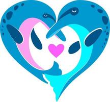 Two dolphins in heart. Vector illustration. Cute beautiful in flat style