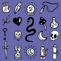 Collection of esoteric elements Outline Hand drawn Vector magic illustrations isolated on Very Peri background