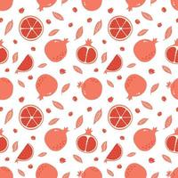 Red Garnet Seamless Pattern. Half, Slice and Whole Pomegranate Background. Hand Drawn fresh fruit ornament for wallpaper, textile, wrapping paper, menu, Juice package and interior design vector