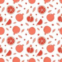 Red Garnet Seamless Pattern. Half, Slice and Whole Pomegranate Background. Hand Drawn fresh fruit ornament for wallpaper, textile, wrapping paper, menu, Juice package and interior design vector