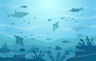 Blue Ocean with Fish Silhouette Background