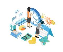 Isometric style illustration of business planning schedule with characters and date vector