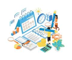 Isometric style illustration of business planning schedule with characters and date vector
